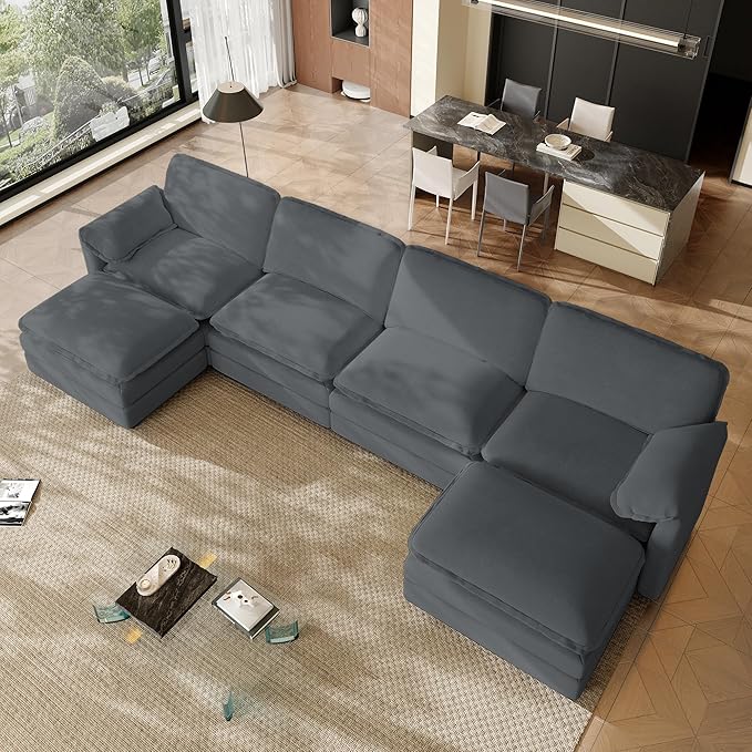 Cloud Couch Modular Sectional Sofa 150 Oversized U Shape Comfy Sectional Couches for Living Room 4 Seater Modern Chenille Deep Seat Cloud Sofa with 2 Ottoman and Memory Foam Grey