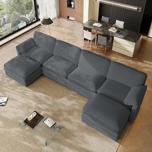 149.2 U Shaped Cloud Couch Sectional for Living Room Modern Modular Deep Seat Sofa with Movable Ottoman Comfy Fluffy Chenille Sectional Sofa Set Grey