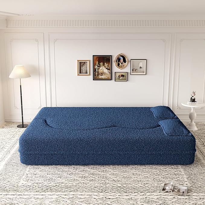 2 in 1 Folding Floor Couch Sofa Bed with 2 Pillows Teddy Fabric Foam-Filled Convertible Sleeper Sofa Full Mattress for Living Room Guestroom No AssemblyBlue Required Sofa Bed