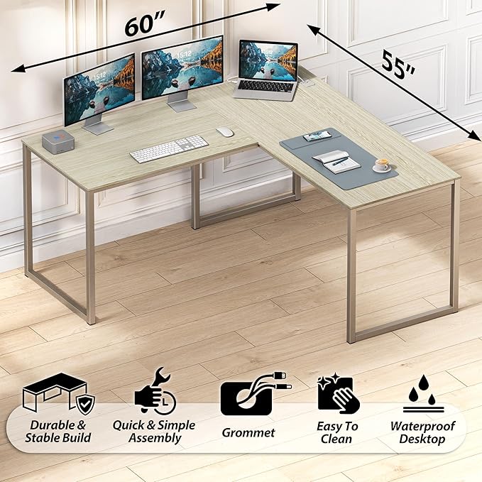 SHW Mission 55 x 60 Inches L-Shape Home Office Computer Desk Maple