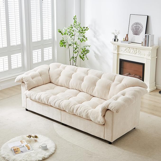 KEIKI 94.8 Chenille Deep Seat Modern Cloud Sofa Fluffy Deep Cushion Upholstered 3 Seat Couch with Wood Frame Support Designed for Offices Studios Waiting Areas and Stylish Professional Interiors