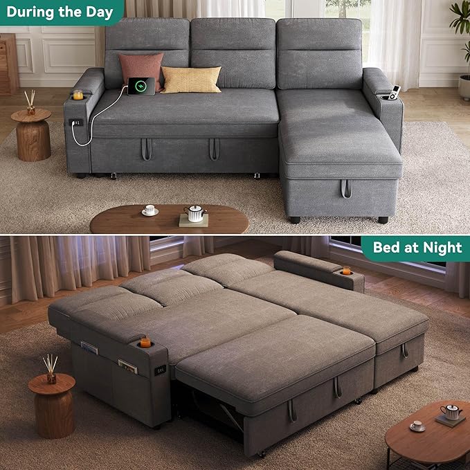 YITAHOME Sectional Sleeper Sofa with Pull Out Couch Bed 81 Convertible Sleeper Sofa with Adjustable Backrest Sofa Bed Sleeper Couch with Armrest &amp USB Port Grey