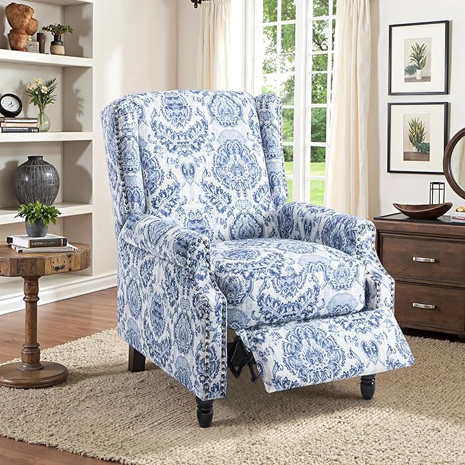 Recliner Chair Upholstered Wingback Floral Pushback Armchair with Adjustable Backrest &amp Footrest Comfy Accent Chair Reading Single Sofa for Small Spaces Living Room Bedroom (Navy Blue Set of