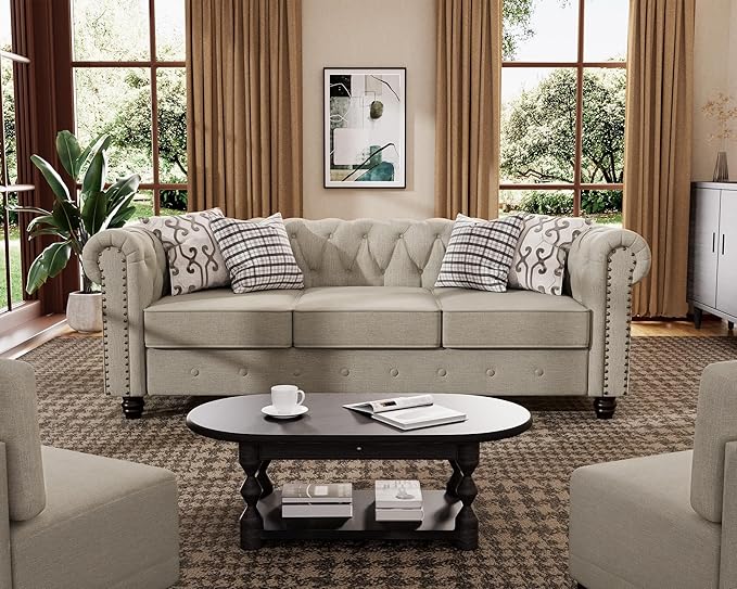 Morden Fort Classic Chesterfield Sofa Set 82'' Tufted Sofa for Couch Set with Solid Wood Legs Thick Cushion Pet-Friendly Deep Seat Sofas Couches for Living Room Bedroom Apartment - Linen Beige