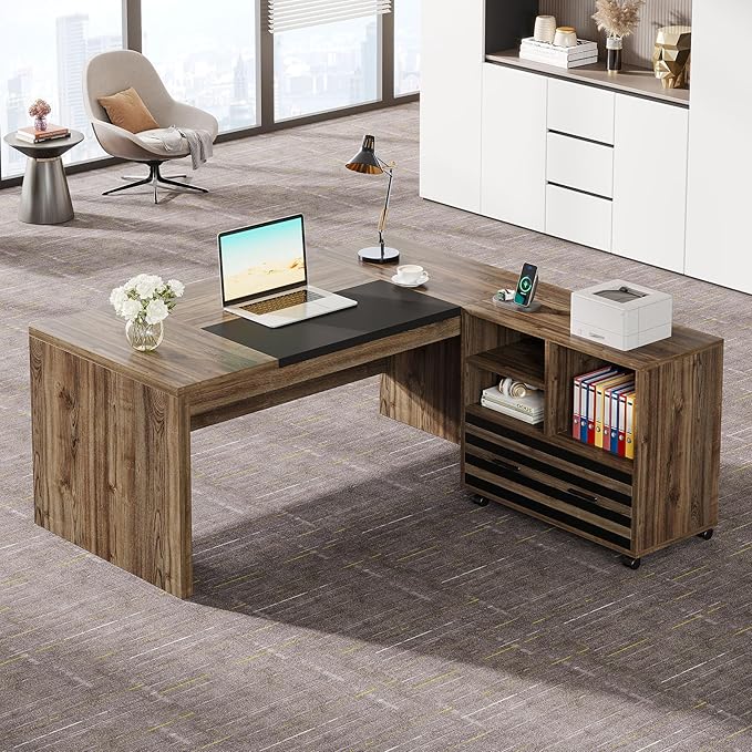 Tribesigns 62.2 Executive Desk with Mobile File Cabinet L-Shaped Office Desk with Storage Shelves Large Computer Desk Business Workstation Set for Home Office Light Brown