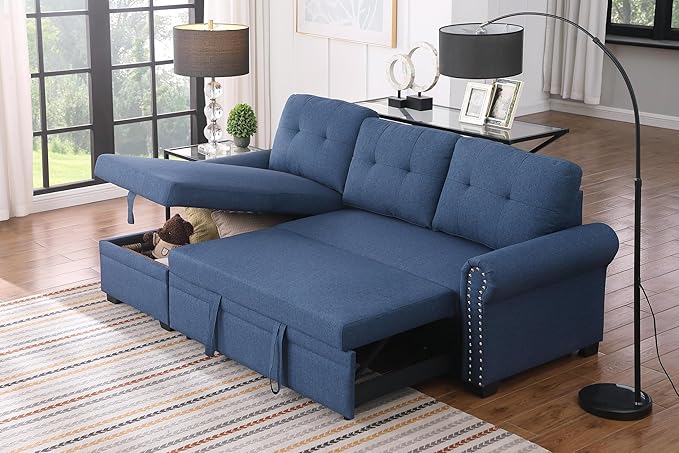 83 L-Shaped Sleeper Sectional Sofa with Storage Chaise &amp Cup Holders – Pull-Out Convertible Bed 3-in-1 Space-Saving Design for Apartments Modern Linen Fabric Easy Assembly