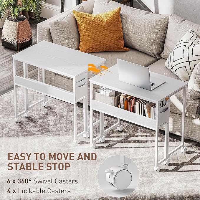 HOMCOM Small Folding Desk Rolling Computer Desk Foldable with Storage Bag and Shelf 31.5 Portable Writing Table on Wheels for Small Spaces Home Office Study Easy Assembly White