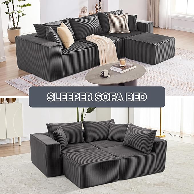 Cloud Couch Sectional Modular Sofa with Deep Seat Plush Corduroy U Shaped Boneless Couch Convertible Sectional Couches for Living Room (Darkgrey 3 Seater &amp 1 Ottoman)