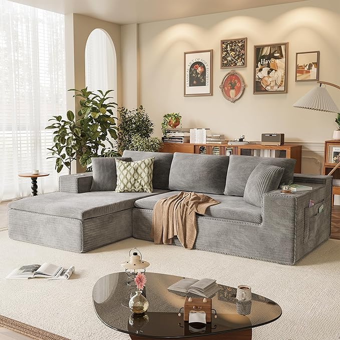 Homall 109 Boneless Couch with Memory Foam Modular Sectional Sofa with L-Shape Chaise Cloud Couch with Deep Seat Dual Cup Holders &amp Side Pockets No Assembly Required (Gray)