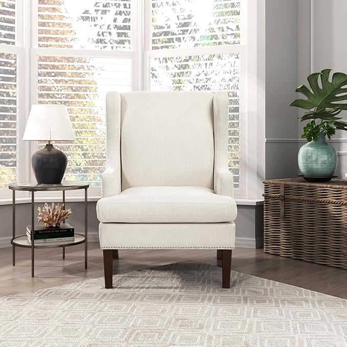 Lexicon Modern Accent Chair Textured Fabric Upholstered Arm Chair High Wingback and Nailhead Trim for Living Room/Bedroom/Office Beige