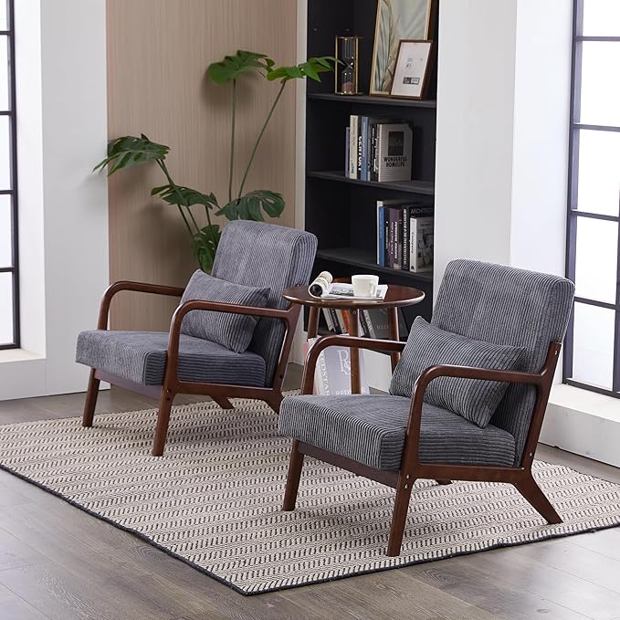 Mid-Century Modern Accent Chair with Throw Pillow Upholstered Fabric Armchair Solid Wood Frame Reading Chair for Living RoomBedroomReadingBalcony (Dark Grey &amp Walnut)