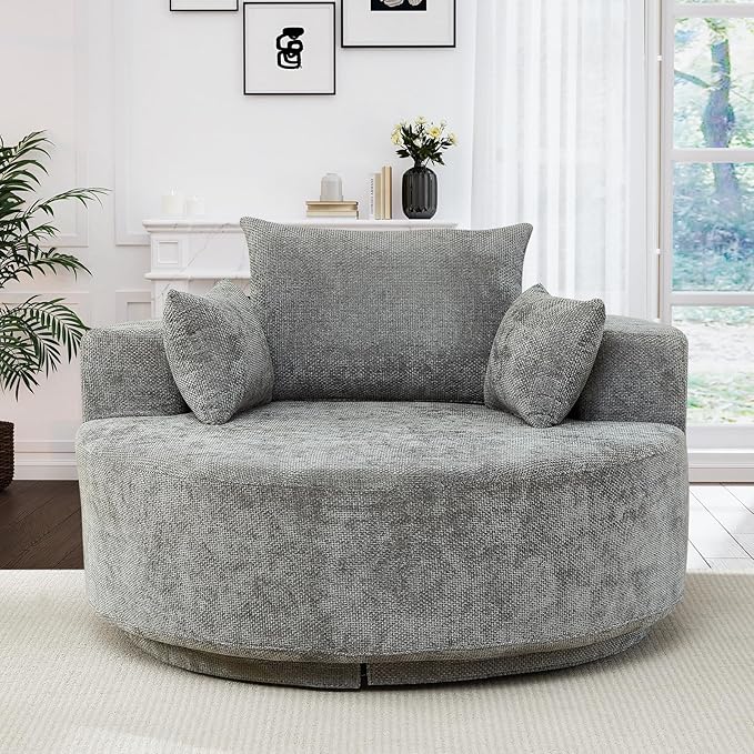 Oversized Round Swivel Chaise Longue Chair Indoor Modern 55-inch 360 Degree Swivel Upholstered Waffle Chenille Deep Seat Circle Single Cloud Sofa Chair for Living Room Bedroom Apartment Office Grey