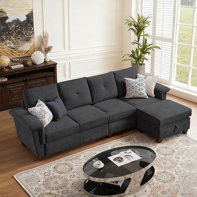 108 Sectional Sofa Convertible L Shaped Sofa with Ottoman and Large Storage 4 Seat Sectional Couch with Cup Holder Couches for Living Room Apartment Office (Dark Grey)