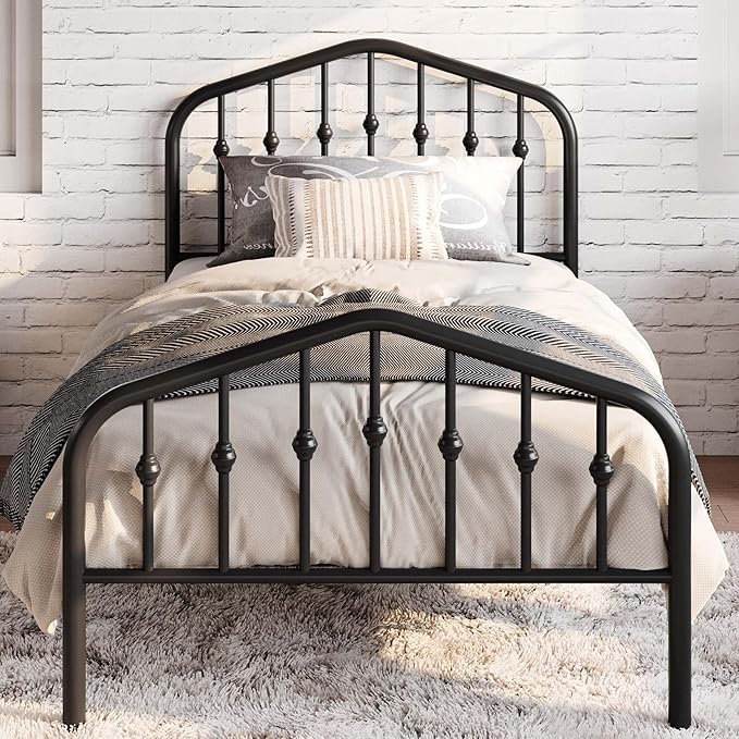 SHA CERLIN Twin Size Metal Platform Bed Frame with Victorian Style Wrought Iron-Art Headboard/Footboard No Box Spring Required Black