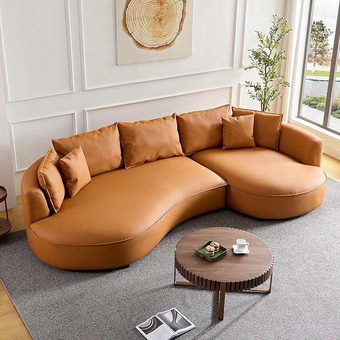 124.8 Round Bonded Curved Couch Leather Sectional Sofa for Living Room Apartment Office Orange Modern 5 Seater Oversized Cloud Sofa with Chaise Lounge Comfy Furniture Right Facing