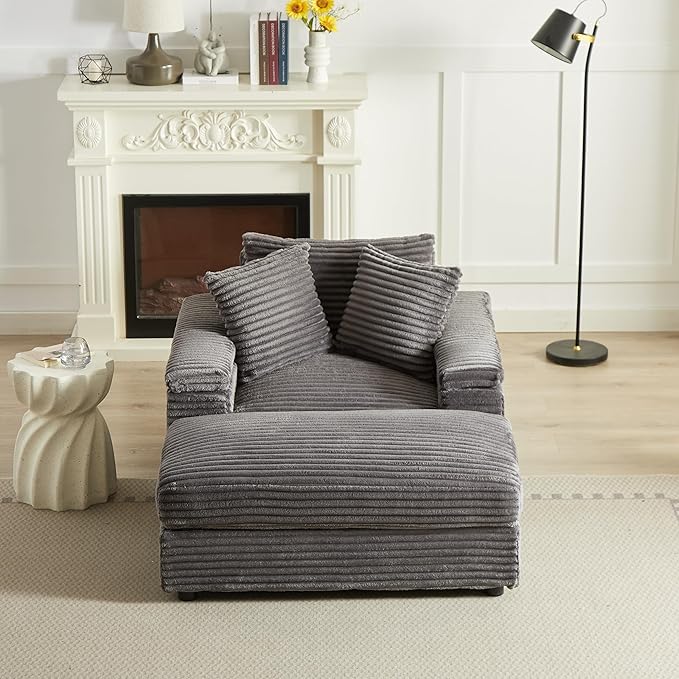 Oversized Corduroy Sleeper SofaComfy Thicked Upholstered Padded Chaise Longue with OttomanSoild Wood Reclining Chair DaybedDeep Seat Convertible Couch Bed for Living Room Office
