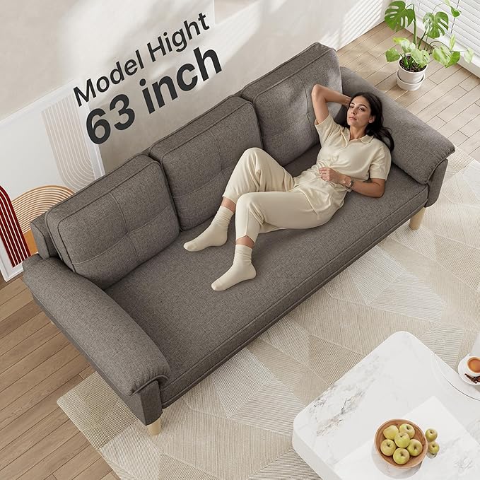 Ahomly 3-Seater Sofa Couch with Padded Armrests Deep Seat Comfortable Backrest and Solid Wood Legs – Easy to Assemble (Gray)