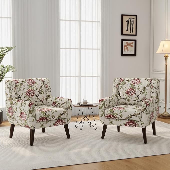 Accent Chair Modern Linen Blend Arm Chair for Living Room Bedroom Comfy High-Resilient Sponge Reading Chair for Small Spaces (Pattern Red Floral Set of 2)
