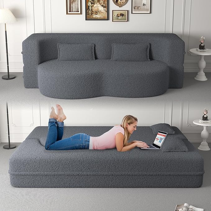 78 Teddy Folding Floor Sofa Couch BedConvertible Folding Sofa Bed Full Size Love Seat Sleeper Bed Floor Sofa Bed with 2 Pillows for Living Room Apartment Office (Grey)