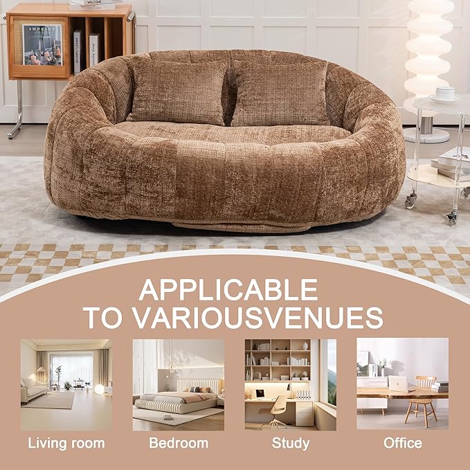 Bean Bag Sofa Comfy Loveseat Sofa with 2 Pillows Soft Giant Bean Bag Chair Cozy Round Lazy Sofa with Wide Backrest for Living Room Reading Room and Bedroom Coffee