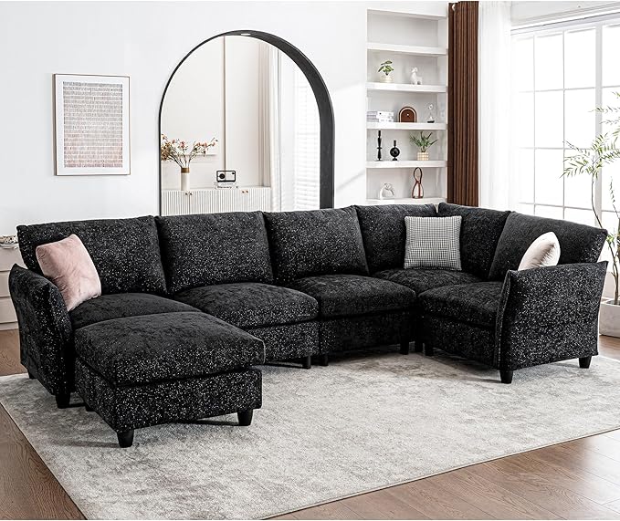 124.4 U Shaped Sectional Couches with Storage Ottoman 6 Seater Chenille Upholstered Modular Sectional Sofa Cloud Couch Sectional Sectional Couches for Living Room Bedroom &amp Apartment (Black)