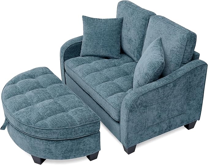 DEINPPA Oversized Accent Sofa Chair with Storage Ottoman Chenille Upholstered Comfy Chair with Throw Pillows for Living Room Reading Room Bedroom-Blue