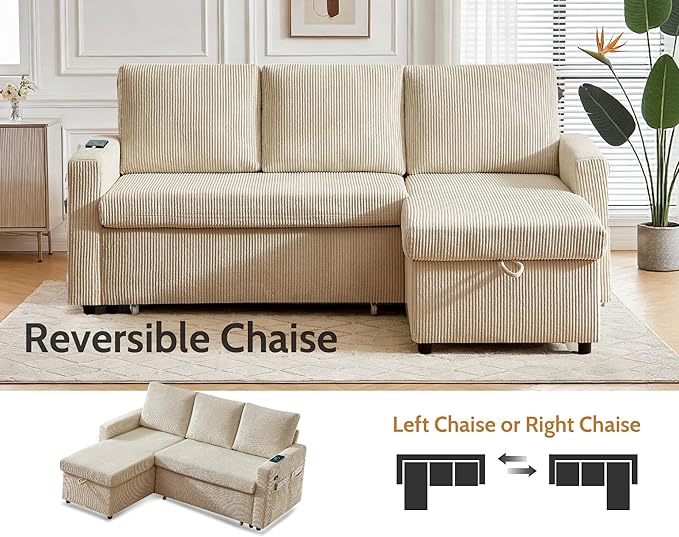 WEUP 82 L Shaped Sectional Sleeper Sofa Bed with Pull Out Bed Sectional Sleeper Couch Pull Out Couch with Reclining Backrest/Reversible Storage Chaise/USB Ports/Tool-Free Assembly Corduroy Beige