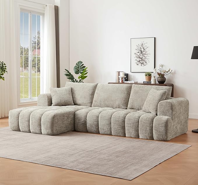 108'' Modular Sectional Cloud Couch L-Shape Boneless Couch for Living Room with Deep Seat Comfy Sleeper Sofa for Living Room Apartment Reception Spaces No Assembly Required Khaki