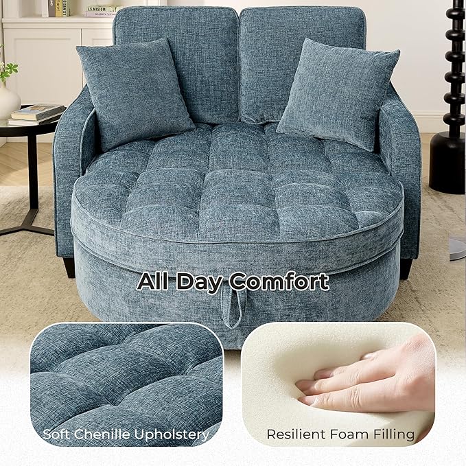 DEINPPA Oversized Accent Sofa Chair with Storage Ottoman Chenille Upholstered Comfy Chair with Throw Pillows for Living Room Reading Room Bedroom-Blue