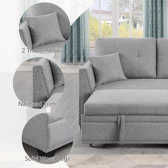 BEEY Convertible Sleeper Sofa Bed 82 Small Sectional Sofa with Storage Chaise for Small Spaces L Shaped Couch with Pull Out Bed for Bedroom Living Room (Light_Grey)