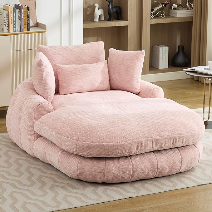 Oversized Chaise Lounge Indoor Deep Seat Boneless Sofa Bed with Throw Pillows Plush Chenille Fabric No Assembly Required Comfy Sleeper Sofa for Living Room Bedroom (PINK Without pocket)