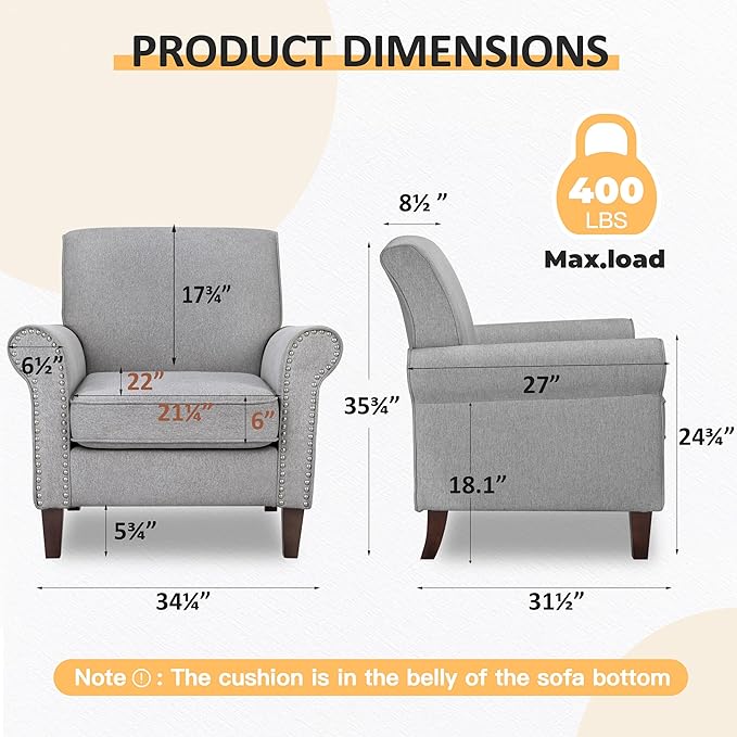 PrimeZone Comfy Accent Chair Mid-Century Modern Fabric Living Room Chair Reading Chair with Soft Cushion Nailhead Trim &amp Rolled Armrest Arm Chair Sofa Chairs for Bedroom Waiting Room Office Gr
