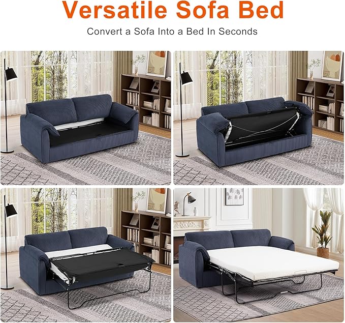 Pull Out Sofa Bed Corduroy Queen Sleeper Sofa Couch with Foam Mattress Large Sleeper Pullout Couch Bed for Living Room Office Queen Size (Blue)