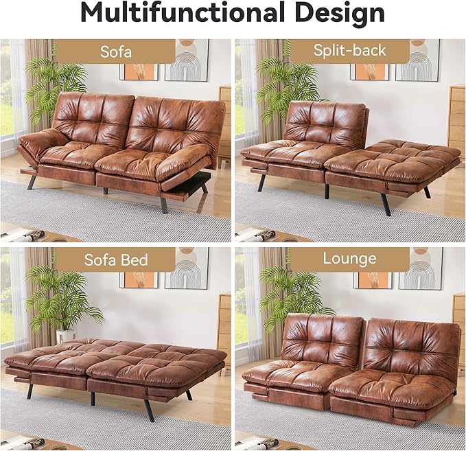 Faux Leather Futon Sofa BedConvertible Futon CouchMemory Foam Loveseat Sleeper SofaSmall Splitback Modern Folding Couch for Living RoomOfficeApartmentRetro Brown