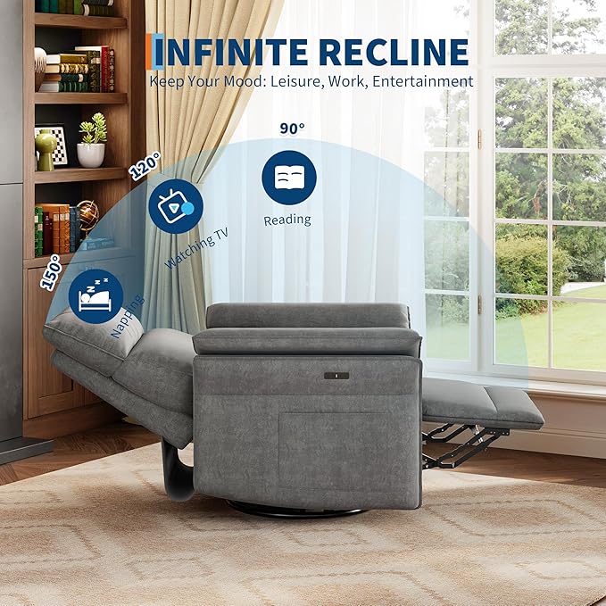GarveeHome Power Recliner Chair 270 °Swivel Rocking Glider with USB Charging Port Chenille Upholstered Fabric and Double-Layer Armrests Nursery Chair for Living Room Nursery (Ash)