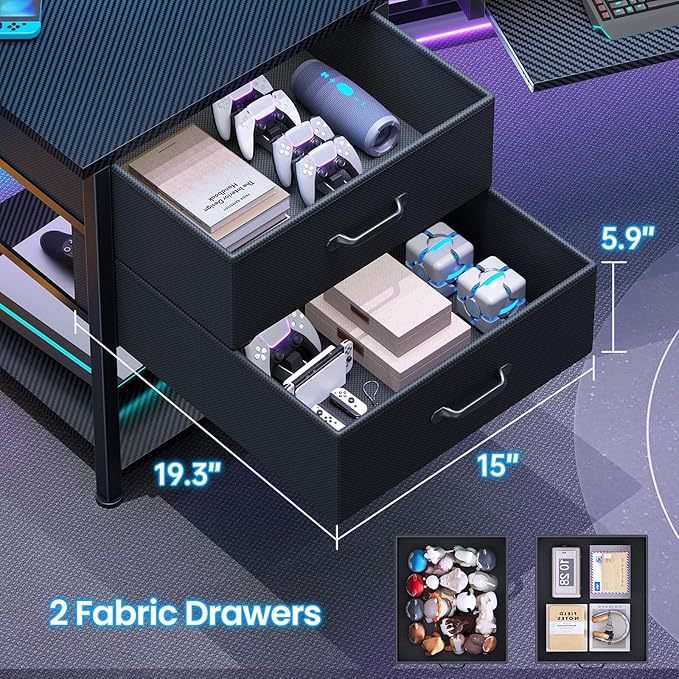 Itaar 79 Gaming Desk with 2 Fabric Drawers Long Computer Desk with Power Strip &amp LED Lights U Shaped Desks with Storage and Cup Holder Large Gaming Table for Bedroom Carbon Fiber Black