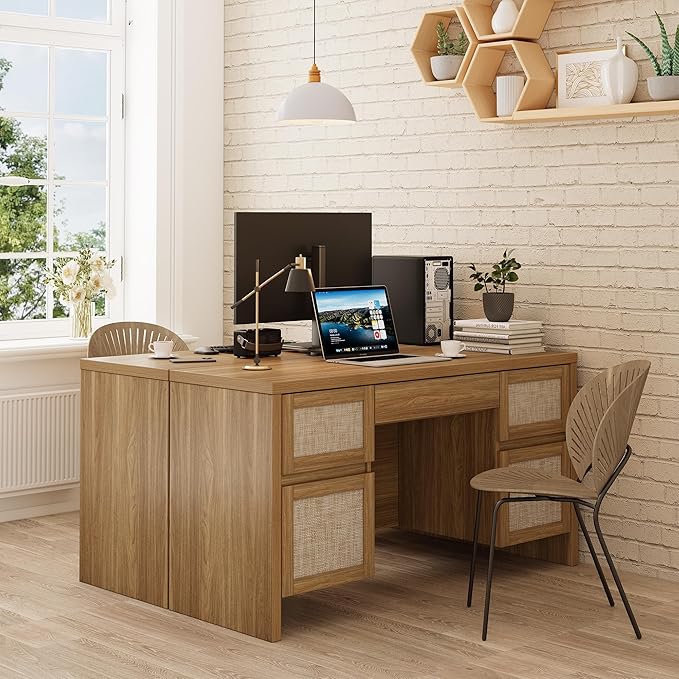 Yechen Executive Desk with 5 Drawers 57 Modern Rattan Home Office Desk with Charging Station File Drawer Farmhouse Boho Computer Writing Desk for Study Work Walnut Brown