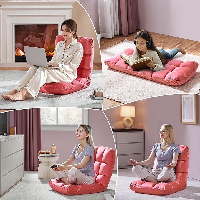 Yaheetech Floor Chair Meditation Chair with Back Support Gaming Floor Lounger with 14 Adjustable Position for Adult Pink