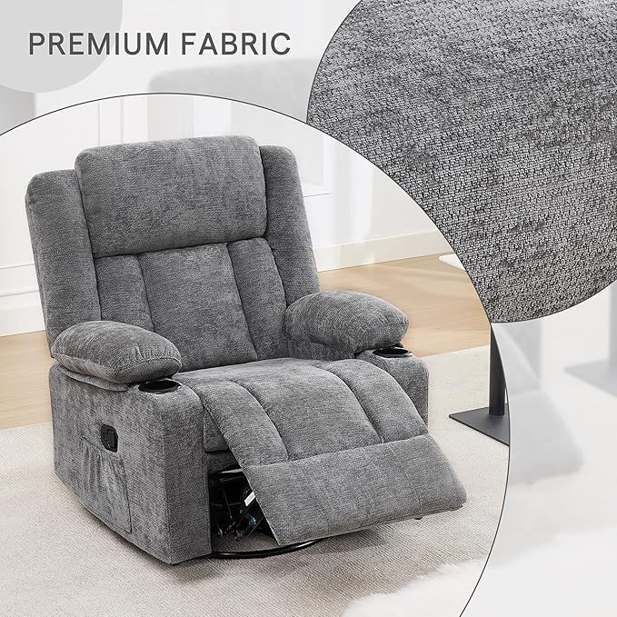 Swivel Rocker Recliner for Adults Manual Lazy Boy Recliner Chair with Cup Holders 360 Degree Rotating Nursery Rocking Chair Glider Recliner for Living Room (Grey)