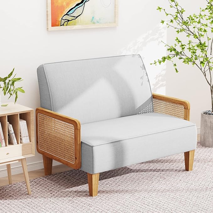 WENTMENT Loveseat Sofa Small Couch for Living Room Love Seat with Natural Rattan Armrest and Solid Wooden Legs Sofa for Small Space Bedroom Apartment（Grey）