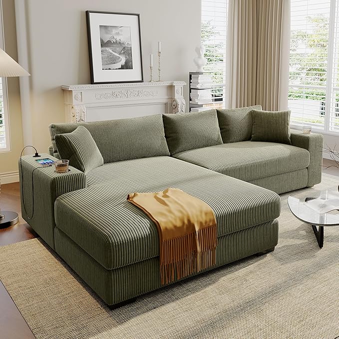 Mirod Large Sectional Sofa with Thick Cushions and Built-in Cup Holders &amp Charging Ports (Green@43)
