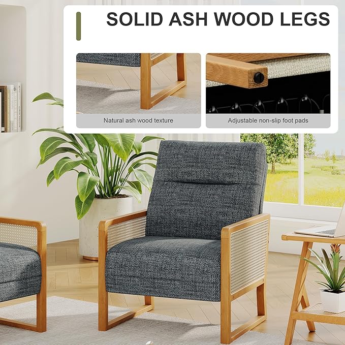 Upholstered Accent Chair Set of 2 Modern Rattan Accent Chair with Ash Wood Legs Comfy Dark Gray Armchair for Living Room