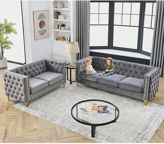 2 Piece Chesterfield Velvet Combination Sofa Set for Living Room3-Seater and Loveseat Sofa Set Tufted Couch with 4 PillowsRolled Arms and Nailhead for Living Room Bedroom Office Grey