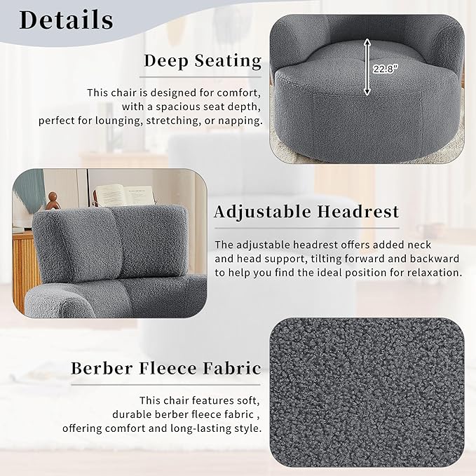 Swivel Accent ChairBedroom Barrel Chairs with Seat CushionModern 360° Soft Berber Fleece Fabric Circle Chair with Adjustable Headrest for Living Room (Grey)