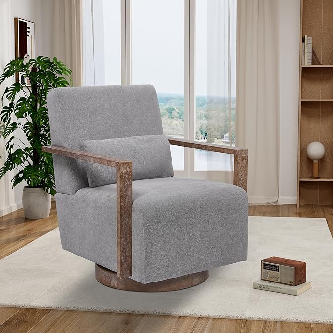 30.5 W Swivel Modern Fabric Upholstered Accent Chair with Solid Wood Armrests Comfy Lounge Reading Chair Side Armchair for Hotel Bedroom Living Room Office Nursery Room (Gray Linen)