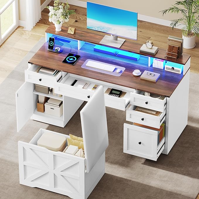YITAHOME Computer Desk Stool Set with 5 Drawers Office Desk with Power Outlets &amp LED Lights Farmhouse Wood Desk Home Office Desks with Storage Cabinet &amp Monitor Stand for Work Study Antiqu