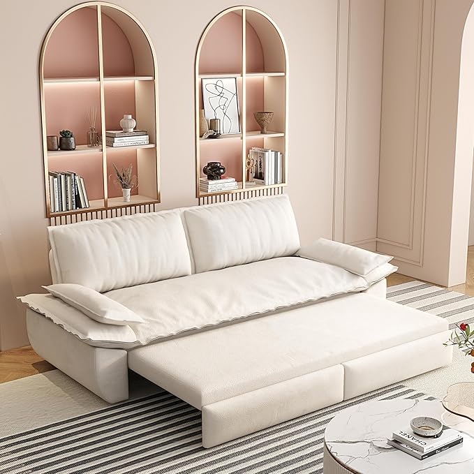 3 in 1 Convertible Queen Sleeper Sofa Bed Comfy Pull Out Futon Couch Bed 73.2 Modern Velvet Recliner Loveseat Sofa Multi-Functional Beige Cloud Couch for Living RoomApartmentOffice (Beige 73.2)