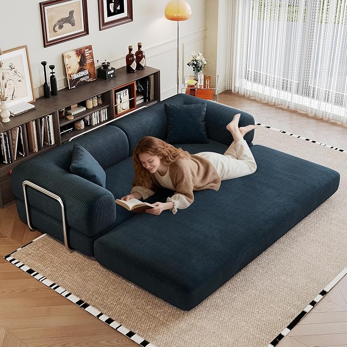 79 Convertible Sleeper Sofa Bed Modern Corduroy Floor Couch Bed with Silver Fixed-Shape Frame Modular Sofa with Pull Out Bed Loveseat Sleeper Boneless Couch for Living RoomBlue