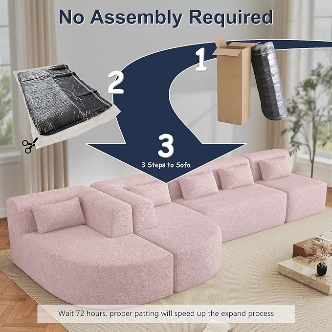 144 Oversized Sectional Couches for Living Room Modern Luxury Chenille 5-Seater Sofa Deep Seat Curved Cloud Couch Modular Sofa with Chaise Lounges &amp 5 Pillows No Assembly Required (Pink)