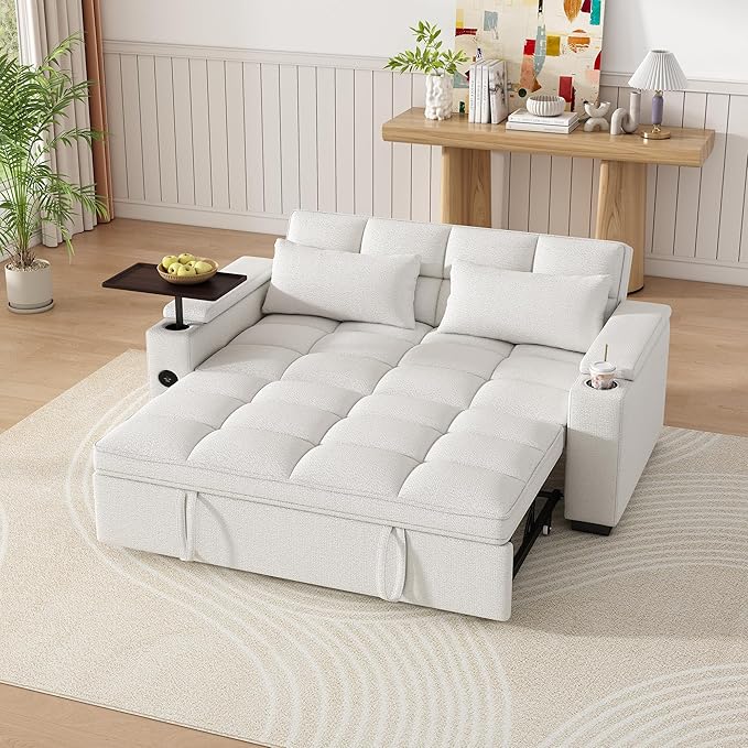 Dreamzie 65'' 3 in 1 Convertible Sleeper Sofa Bed Chenille Pull Out Couch for Living Room with 90° Swivel Side Table Loveseat Sleeper with Charging Port | Side Pocket | Cup Holders Beige